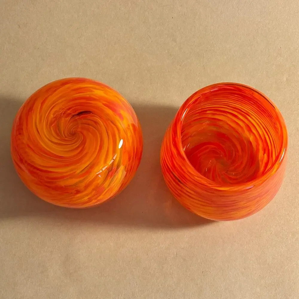 Orange Swirl Art Glass Cups Set of 2, Handblown, Halloween Fall Decor